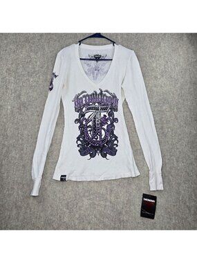 Throwdown Premium White Long Sleeve Graphic Tee Women’s Y2K Cotton V-Neck